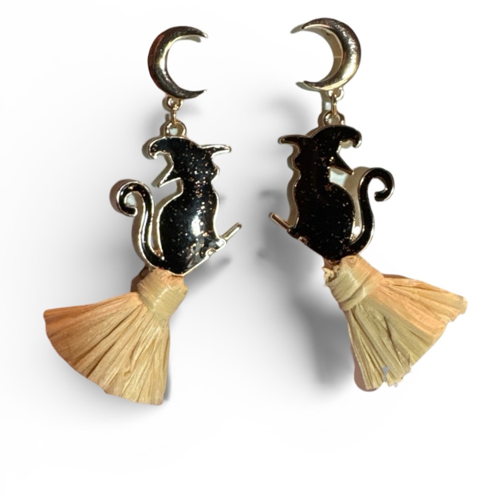 Periwinkle by Barlow Black Cat, Broom, and Moon Post Earrings, NWT